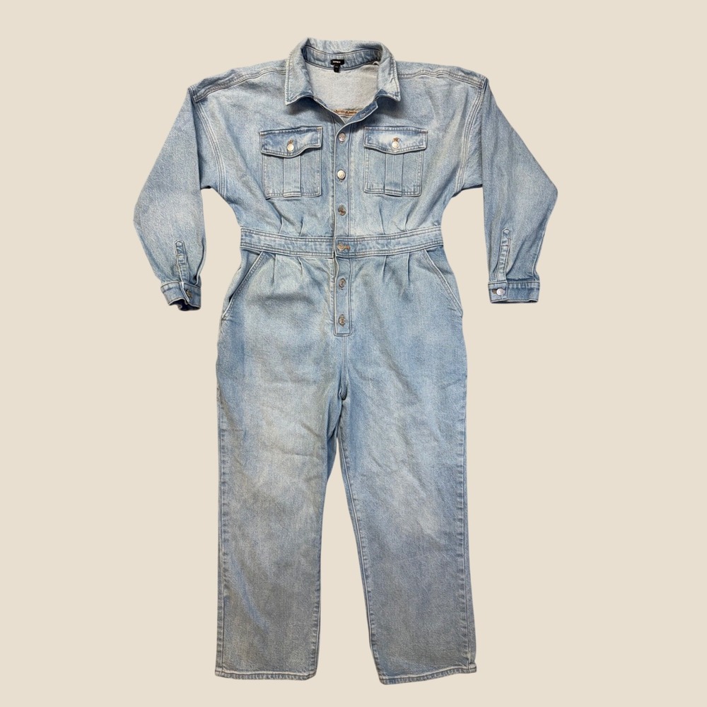 Express Women's Denim Coveralls Size L Light Blue Utility Boiler Suit Jumpsuit